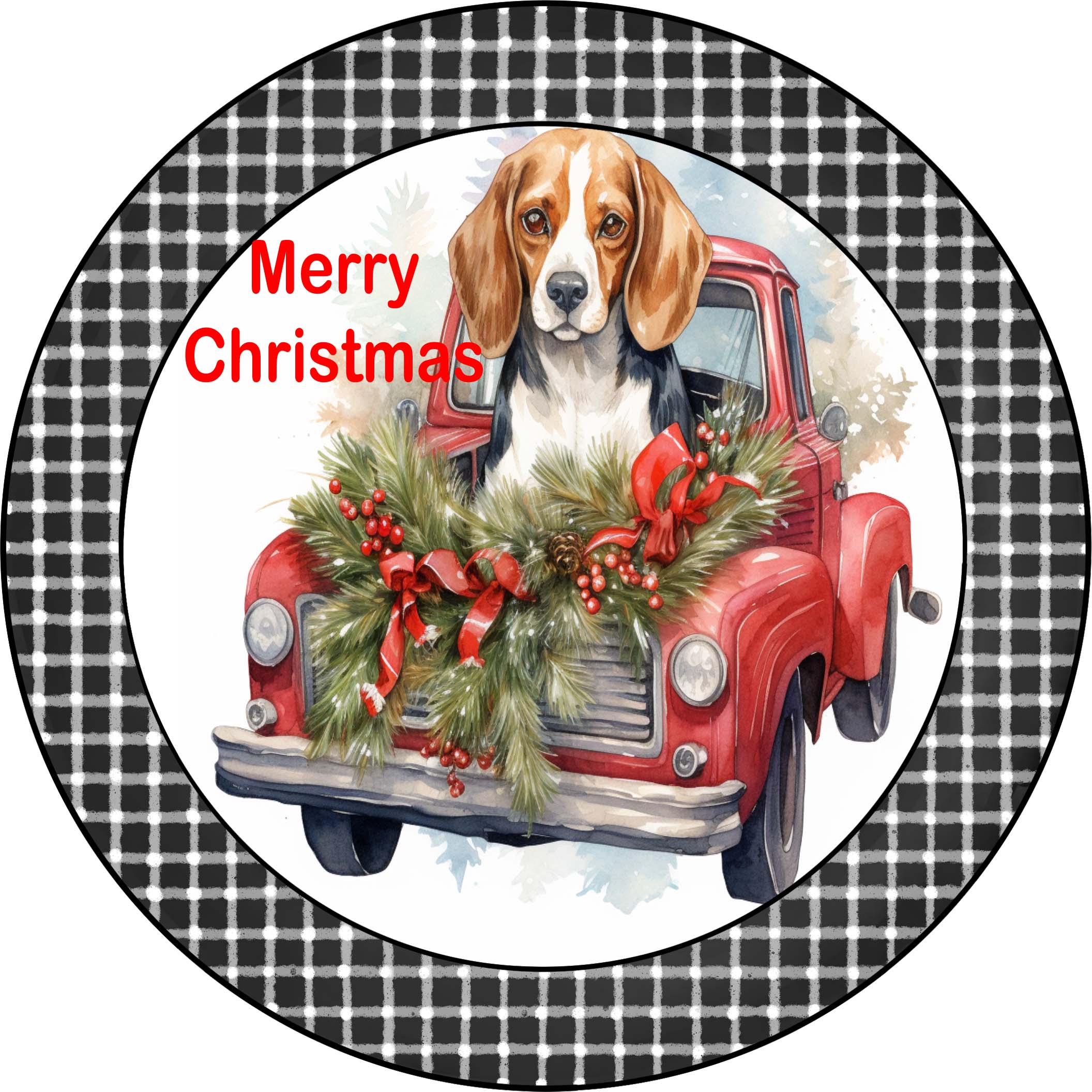 Merry Christmas Beagle Puppy in Vintage Red Truck Metal Sign