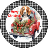 Merry Christmas Beagle Puppy in Vintage Red Truck Metal Sign