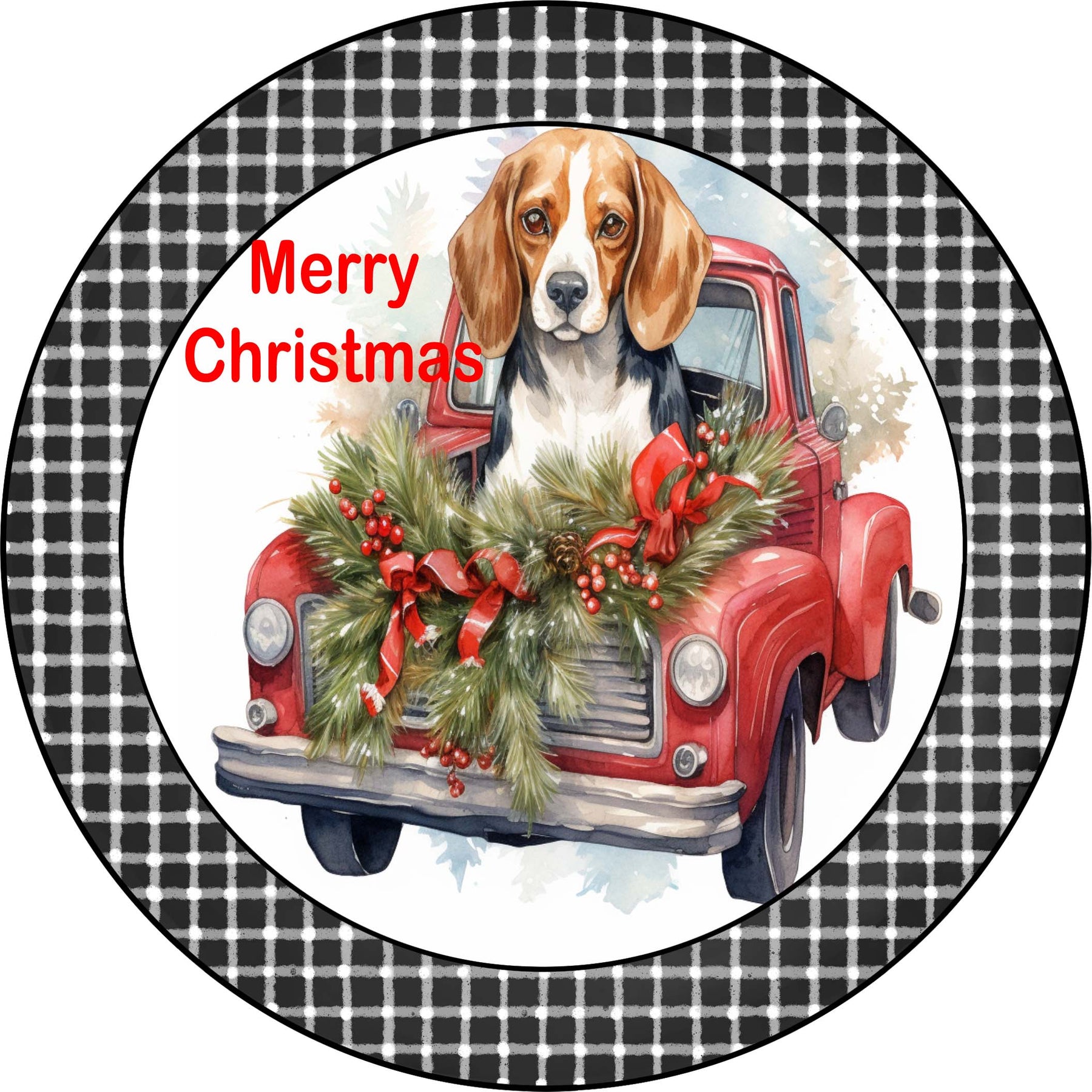 Merry Christmas Beagle Puppy in Vintage Red Truck Metal Sign