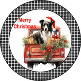 Merry Christmas Border Collie Puppy in Vintage Red Truck Metal Sign
