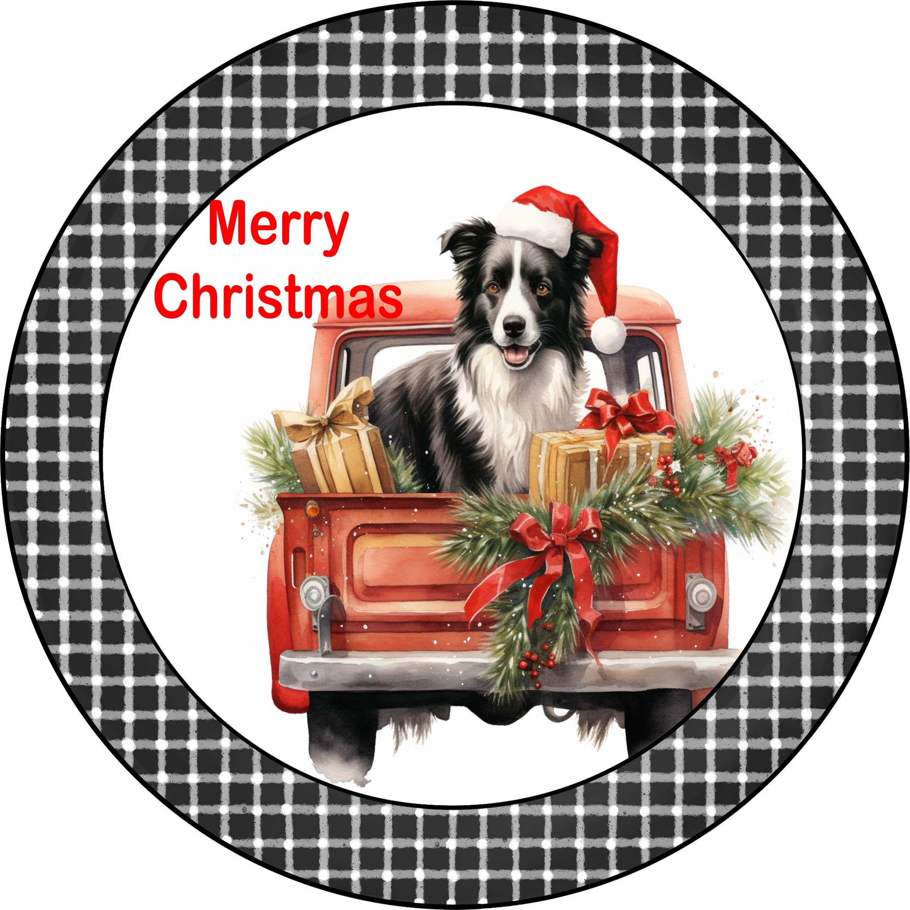 Merry Christmas Border Collie Puppy in Vintage Red Truck Metal Sign