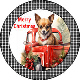 Merry Christmas Chihuahua Puppy in Vintage Red Truck Metal Sign