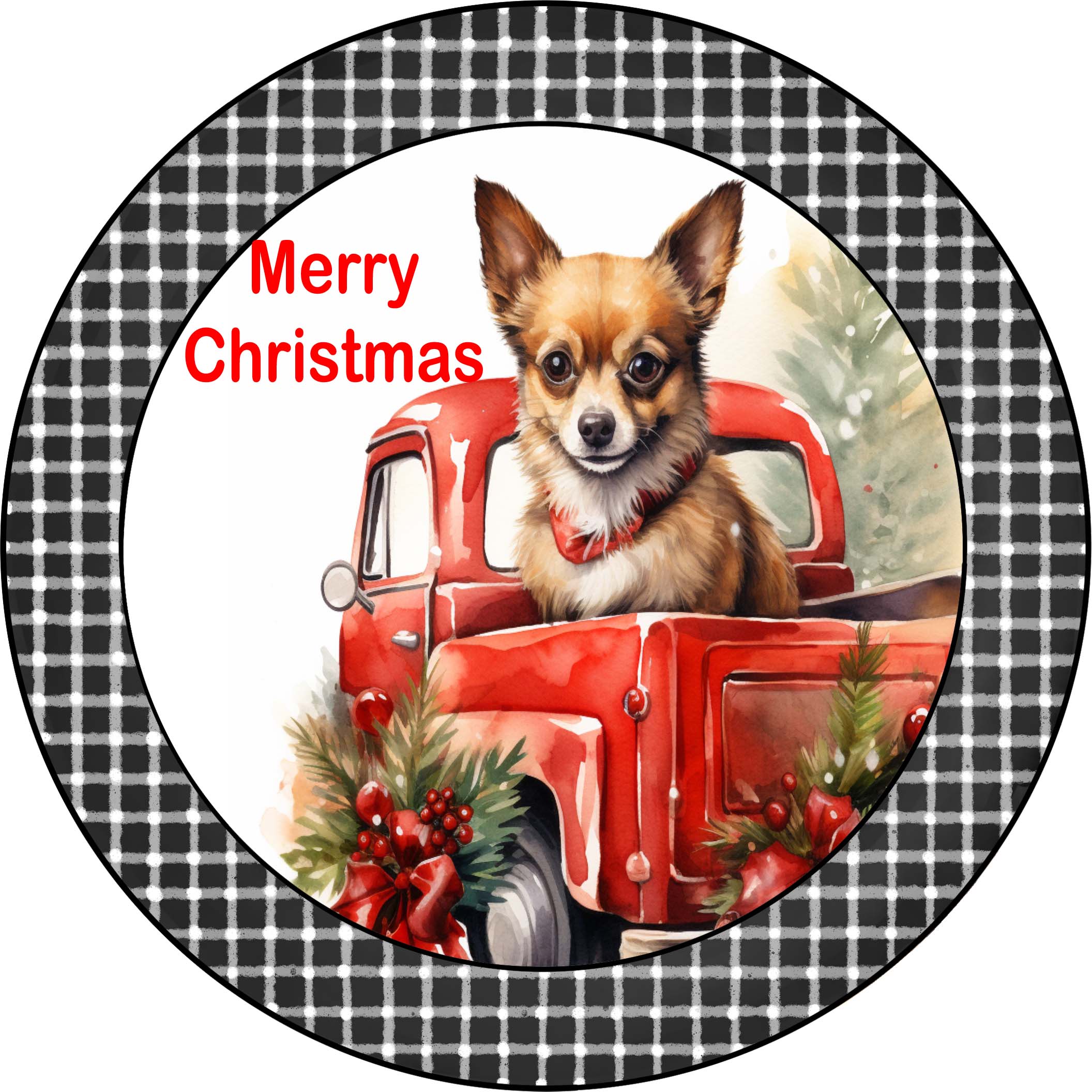 Merry Christmas Chihuahua Puppy in Vintage Red Truck Metal Sign