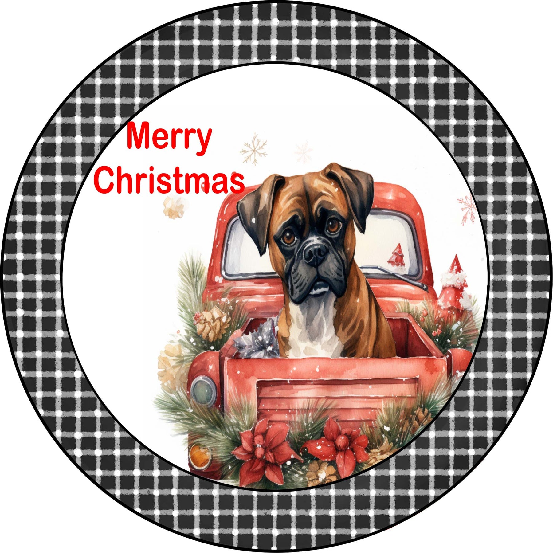Merry Christmas Boxer Puppy in Vintage Red Truck Metal Sign