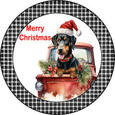 Merry Christmas Doberman Pinscher Puppy in Vintage Red Truck Metal Sign