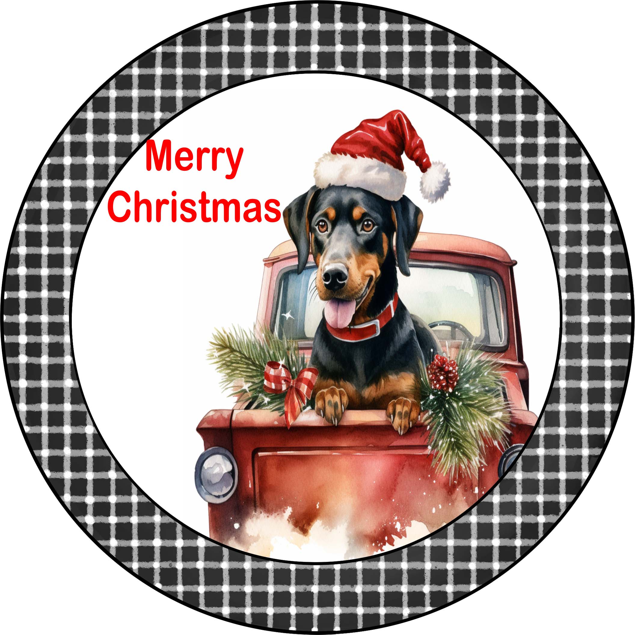 Merry Christmas Doberman Pinscher Puppy in Vintage Red Truck Metal Sign