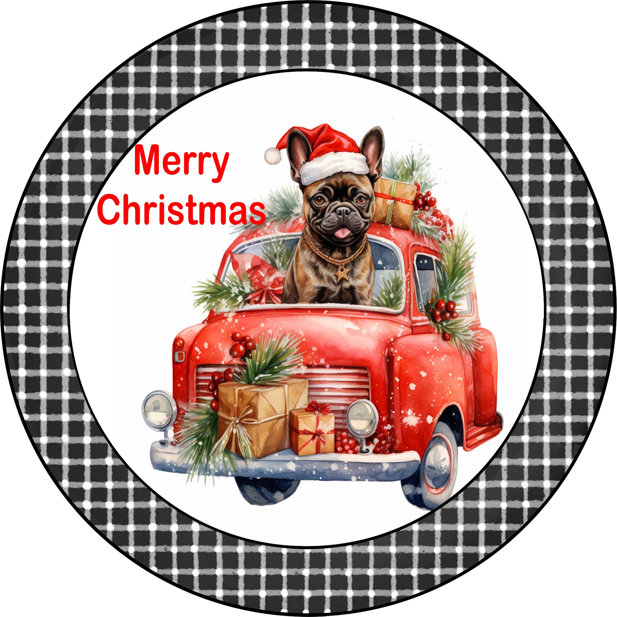 Merry Christmas French Bull Puppy in Vintage Red Truck Metal Sign