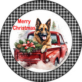 Merry Christmas German Shepherd Puppy in Vintage Red Truck Metal Sign