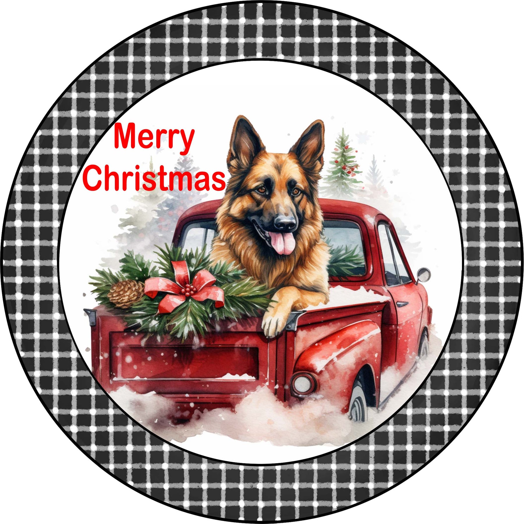 Merry Christmas German Shepherd Puppy in Vintage Red Truck Metal Sign