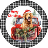 Merry Christmas Golden Retriever Puppy in Vintage Red Truck Metal Sign