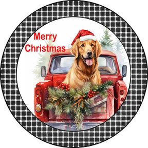 Merry Christmas Golden Retriever Puppy in Vintage Red Truck Metal Sign