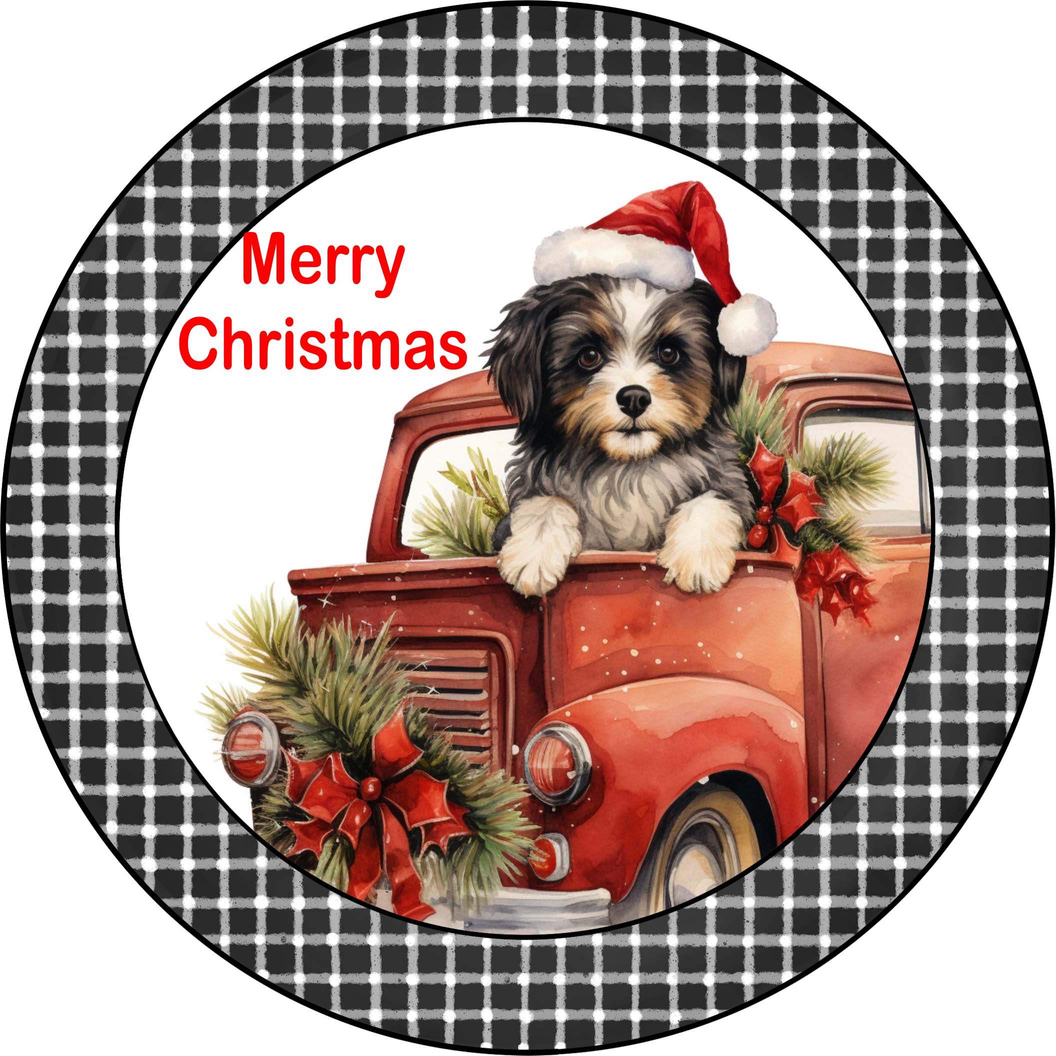 Merry Christmas Havanese Puppy in Vintage Red Truck Metal Sign