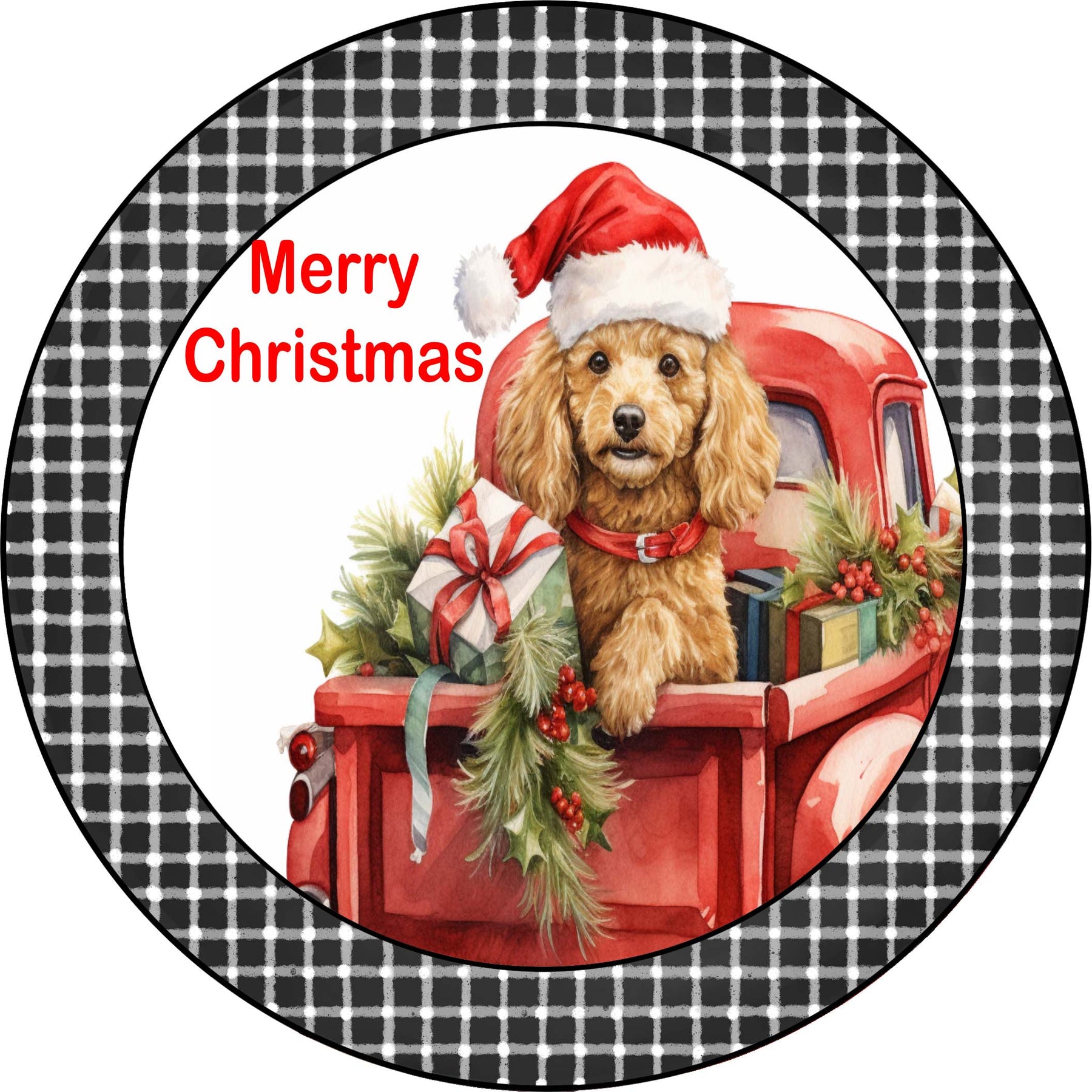 Merry Christmas Poodle Puppy in Vintage Red Truck Metal Sign