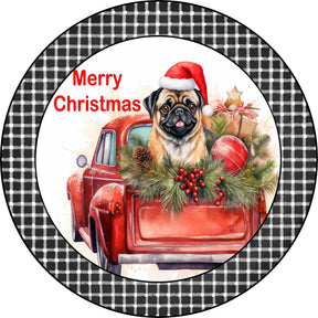 Merry Christmas Pug Puppy in Vintage Red Truck Metal Sign