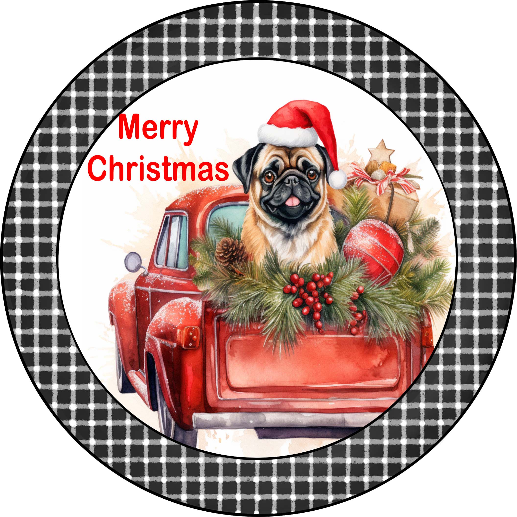 Merry Christmas Pug Puppy in Vintage Red Truck Metal Sign