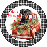 Merry Christmas Rottweiler Puppy in Vintage Red Truck Metal Sign