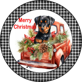 Merry Christmas Rottweiler Puppy in Vintage Red Truck Metal Sign