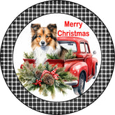 Merry Christmas Sheepdogl Puppy in Vintage Red Truck Metal Sign