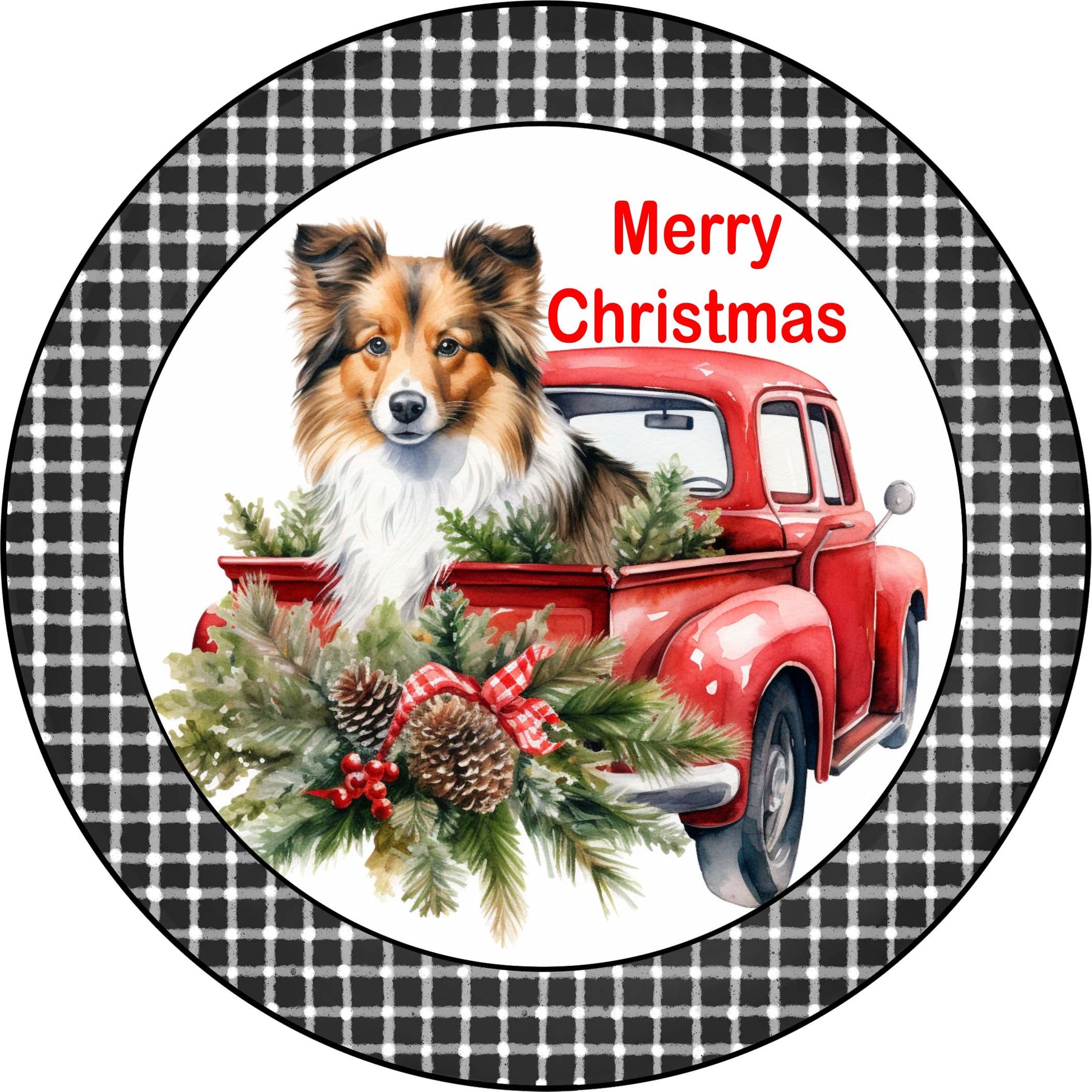 Merry Christmas Sheepdogl Puppy in Vintage Red Truck Metal Sign