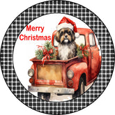 Merry Christmas Shitzu Puppy in Vintage Red Truck Metal Sign