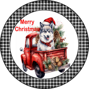 Merry Christmas Siberian Husky Puppy in Vintage Red Truck Metal Sign