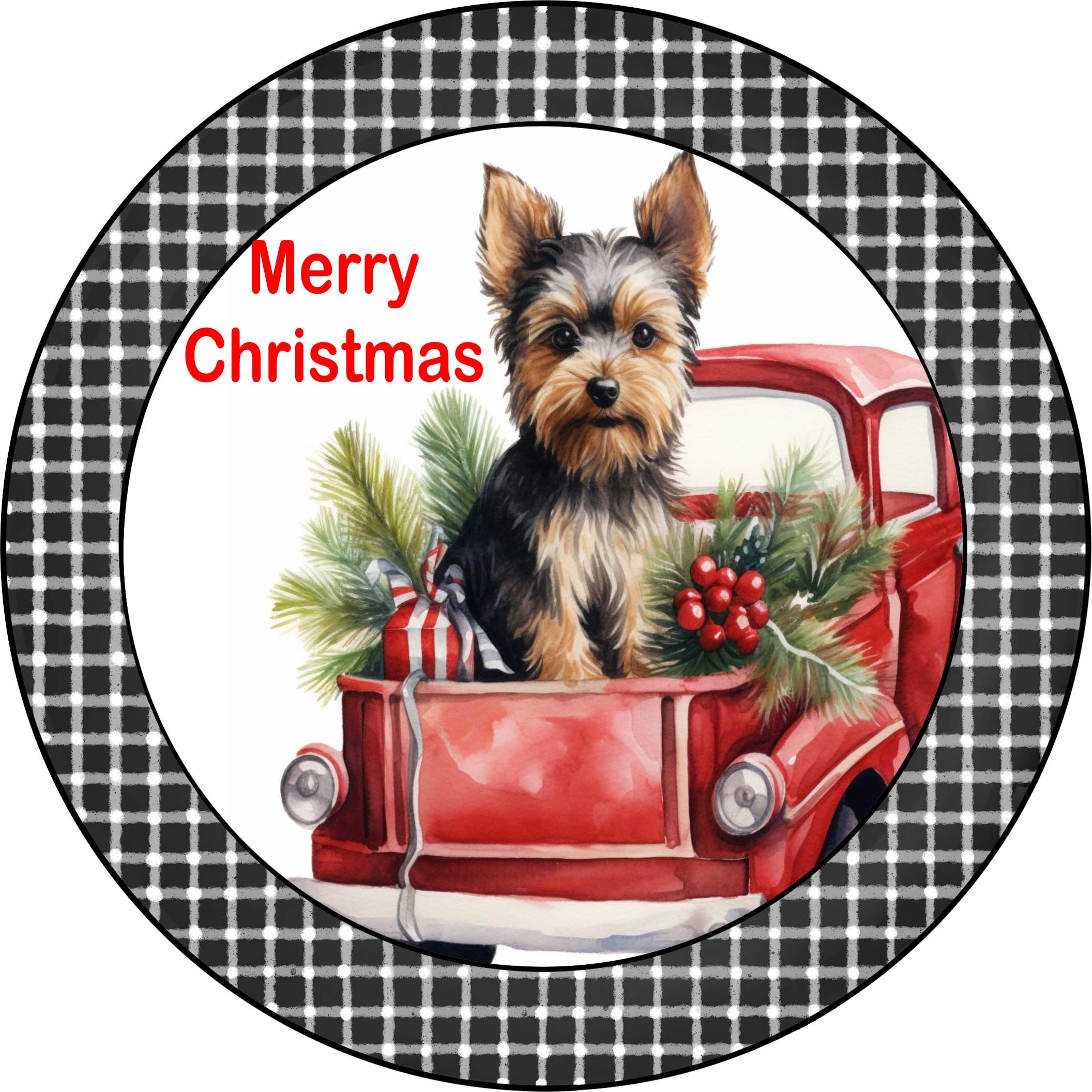 Merry Christmas Yorkie Puppy in Vintage Red Truck Metal Sign