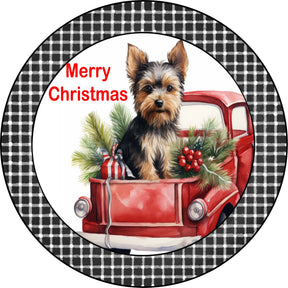 Merry Christmas Yorkie Puppy in Vintage Red Truck Metal Sign