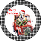 Merry Christmas Bulldog Puppy in Vintage Red Truck Metal Sign