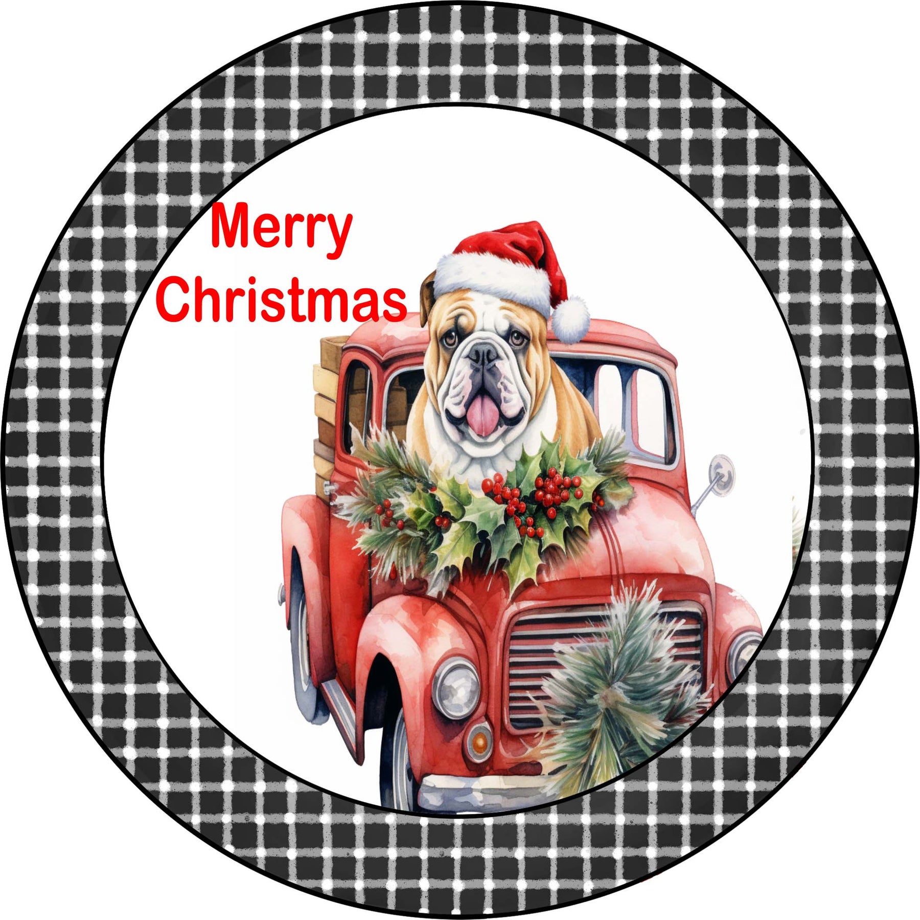 Merry Christmas Bulldog Puppy in Vintage Red Truck Metal Sign