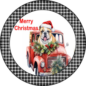 Merry Christmas Bulldog Puppy in Vintage Red Truck Metal Sign