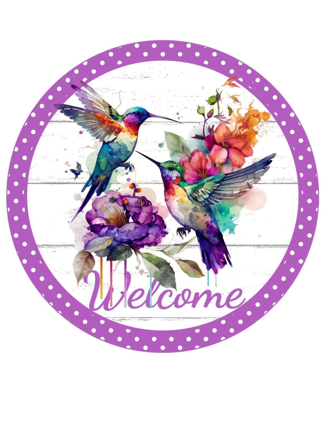 Welcome Hummingbird Floral Wreath Sign