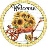 Welcome Sunflower Wheelbarrow Wreath Sign