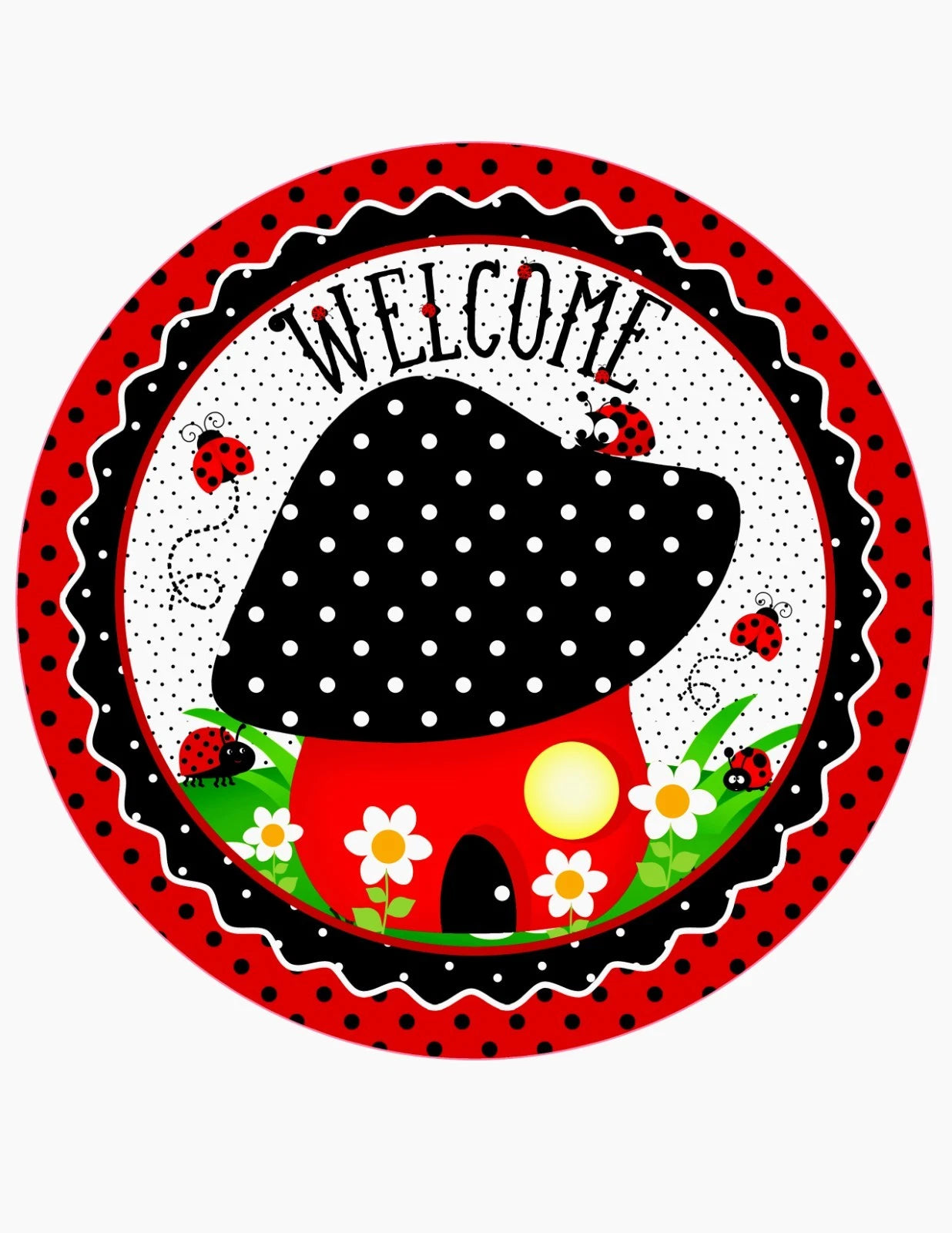 Welcome Ladybug Mushroom Wreath Sign