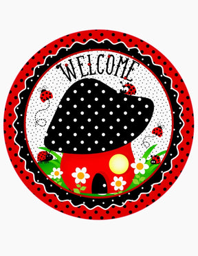 Welcome Ladybug Mushroom Wreath Sign