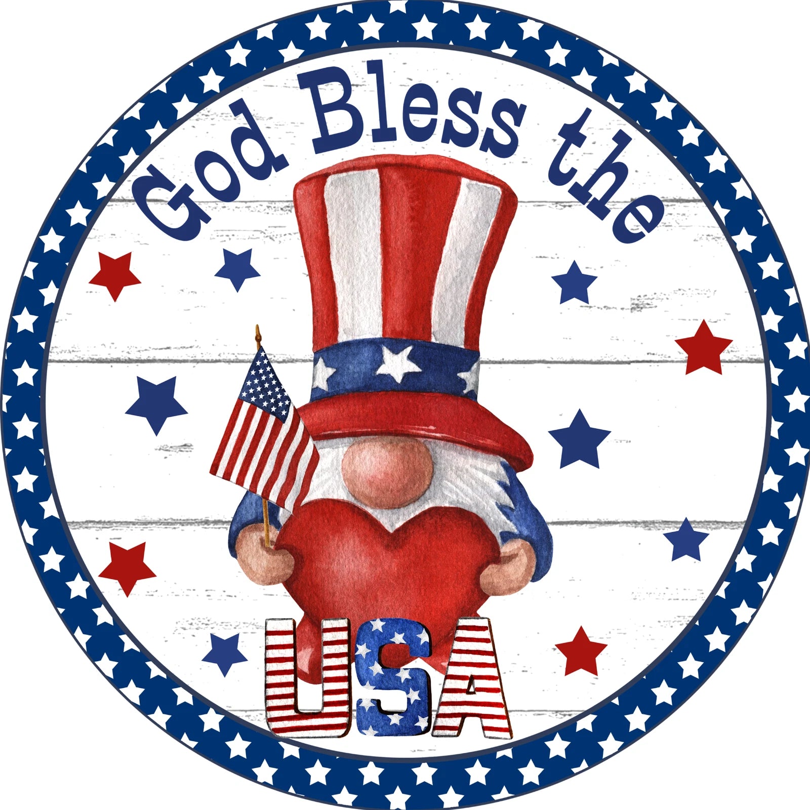 God Bless the USA Patriotic Gnome Wreath Sign