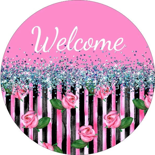 Welcome Pink Floral Wreath Sign