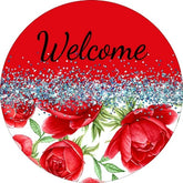 Welcome Red Rose Floral Wreath Sign