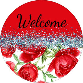 Welcome Red Rose Floral Wreath Sign