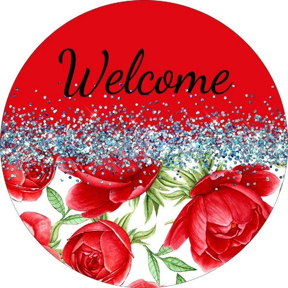 Welcome Red Rose Floral Wreath Sign