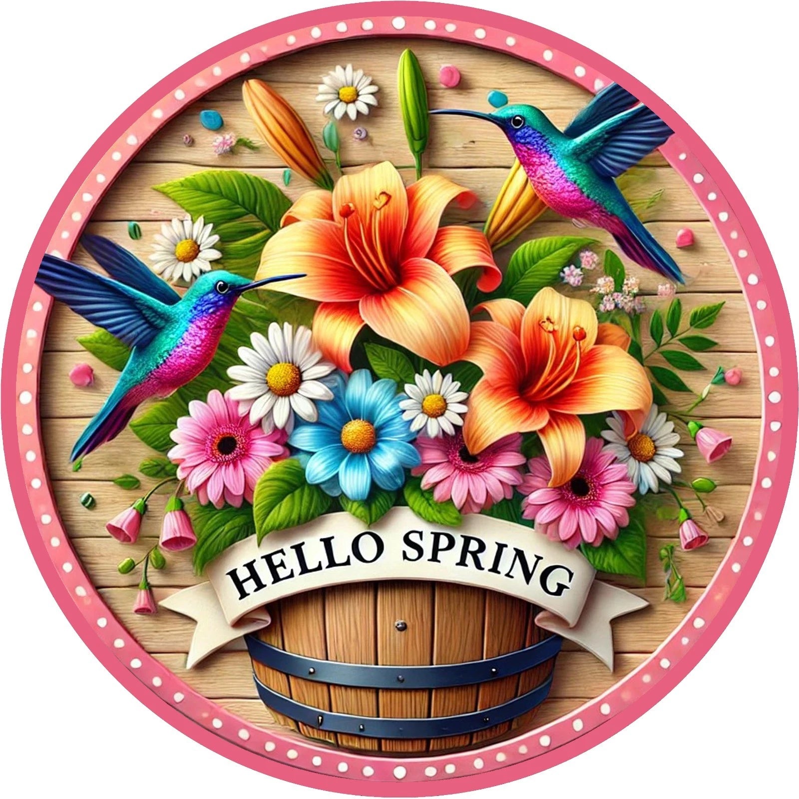 Hello Spring Hummingbird Floral Wreath Sign