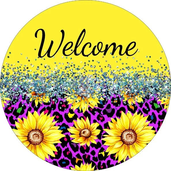 Welcome Sunflower Leopard Print Wreath Sign