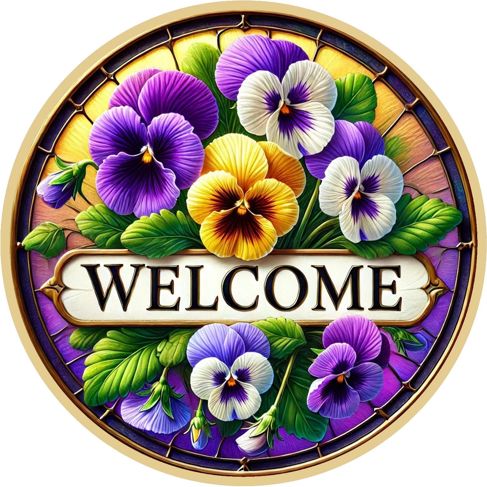 Welcome Pansy Floral Wreath Sign