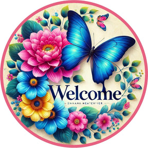 Welcome Blue Butterfly Floral Wreath Sign