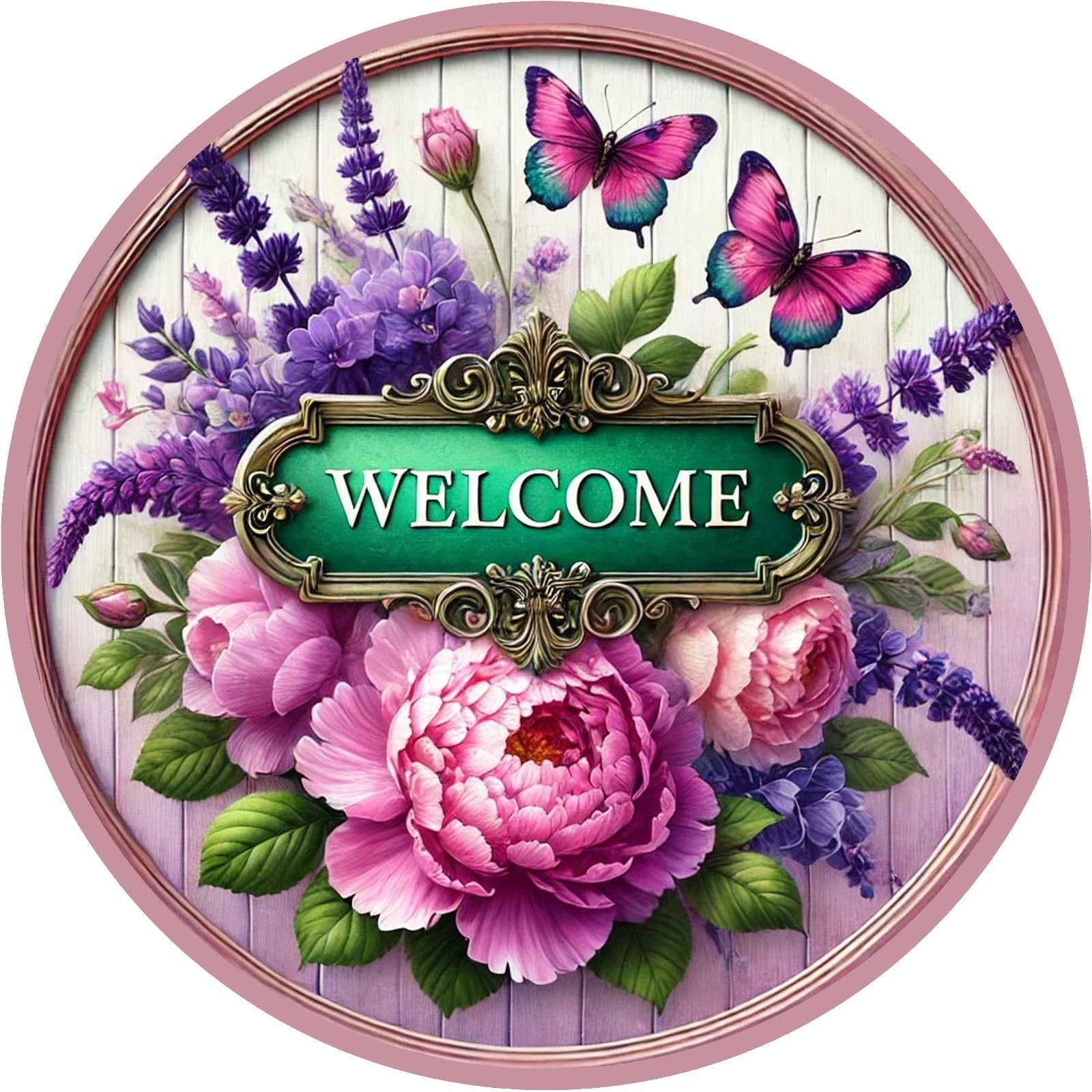 Welcome Pink Peony Butterfly Wreath Sign