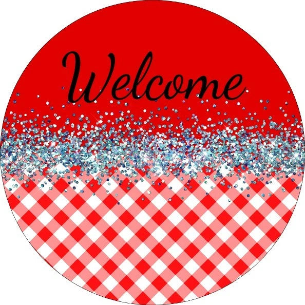 Welcome Red Buffalo Plaid Wreath Sign