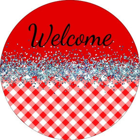 Welcome Red Buffalo Plaid Wreath Sign