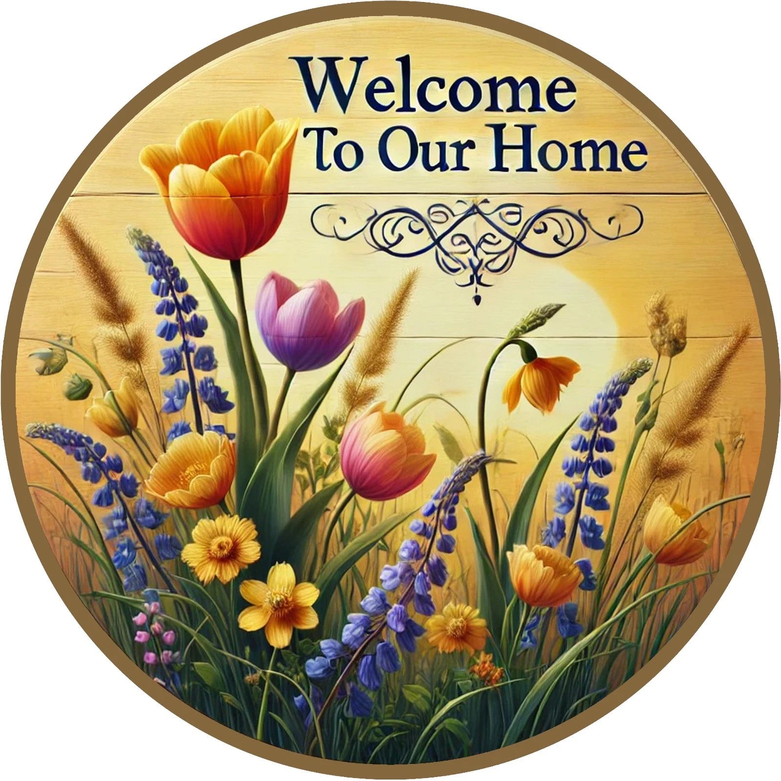 Welcome to Our Home Spring Tulip Wreath Sign