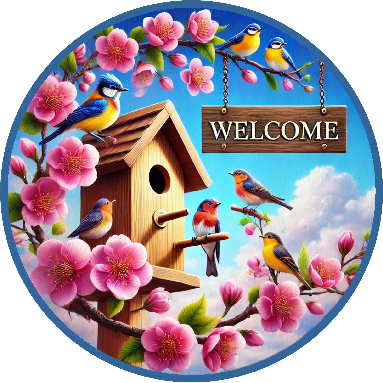 Welcome Birdhouse Bluebird Blossom Wreath Sign