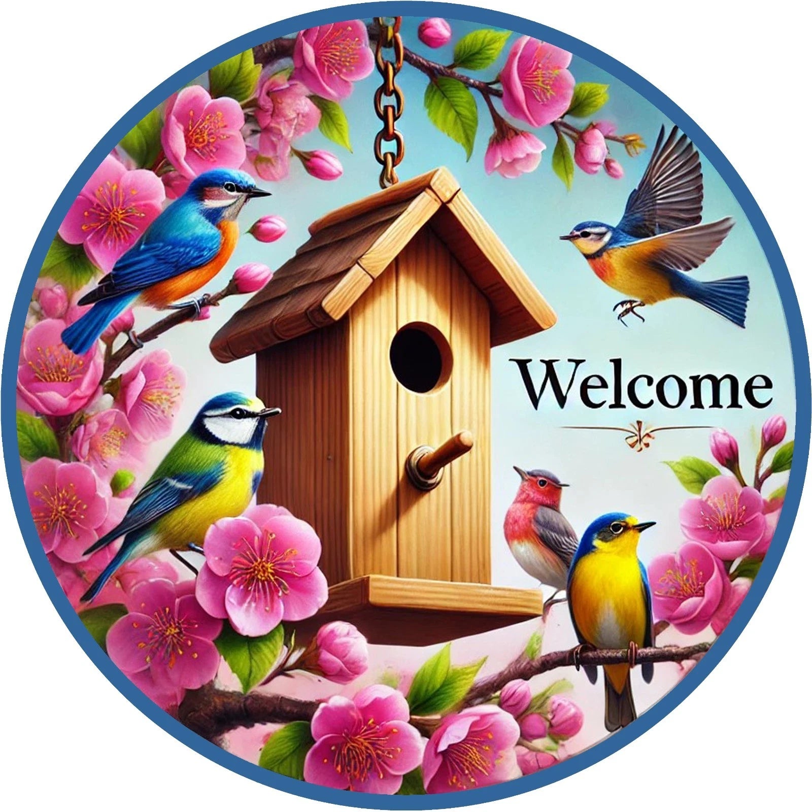 Welcome Spring Birdhouse Bluebird Wreath Sign