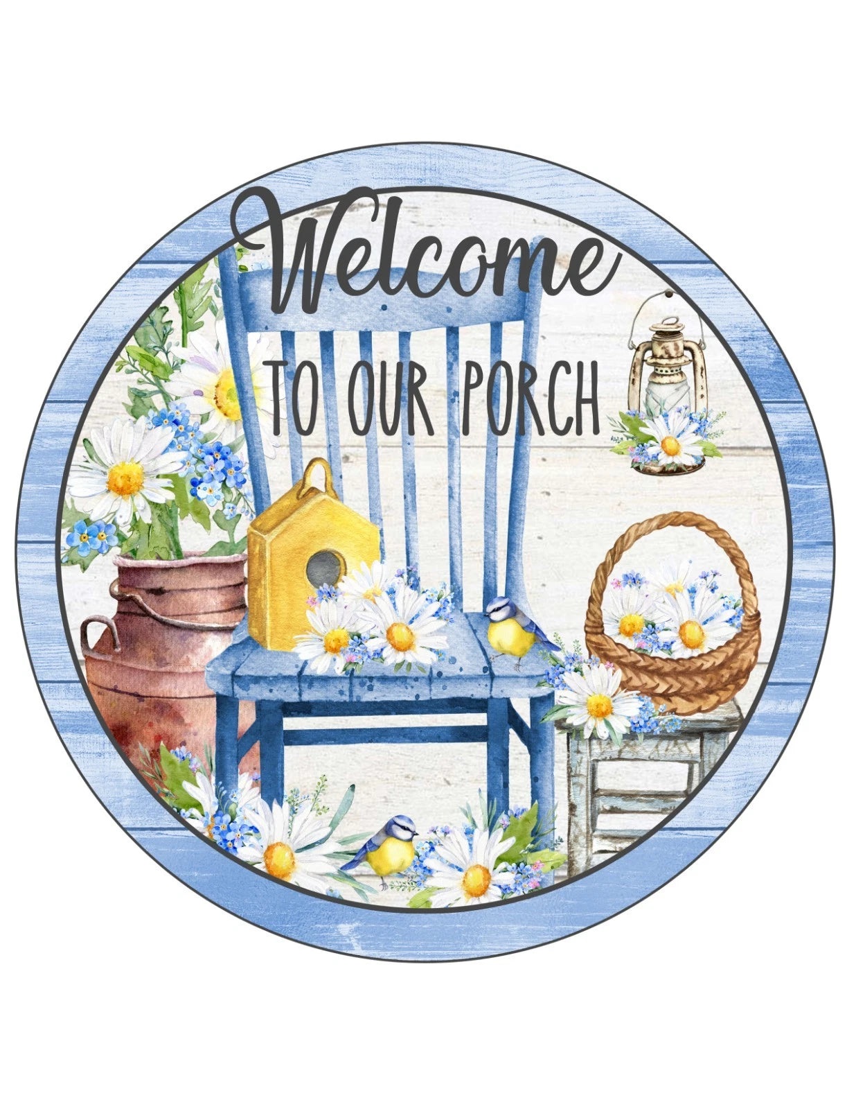 Welcome to Our Porch Blue Floral Wreath Sign